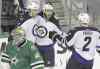 LM Otero / The Associated Press
Jets forward Adam Lowry (left) celebrates his second of two goals in Dallas Tuesday night with teammates Chris Thorburn and Adam Pardy.