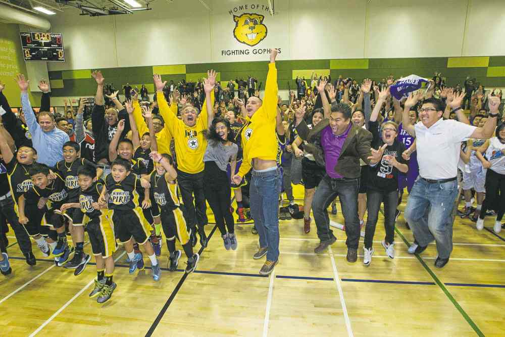MIKE DEAL / WINNIPEG FREE PRESS
MIKE DEAL / WINNIPEG FREE PRESS
�Winnipeg�s biggest jump shot� � led by Kevin Chief (centre), NDP cabinet minister and former University of Winnipeg basketball player.
