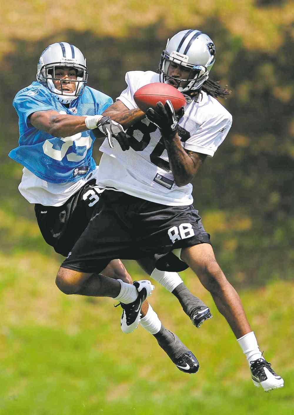 David Foster / Charlotte Observer Files
Darvin Adams snags a pass at practice in 2011 during his Carolina Panthers days. Also a former Toronto Argonaut, Adams is hoping to make the most of his tryout with the Bombers. The Bombers hope he does, too.