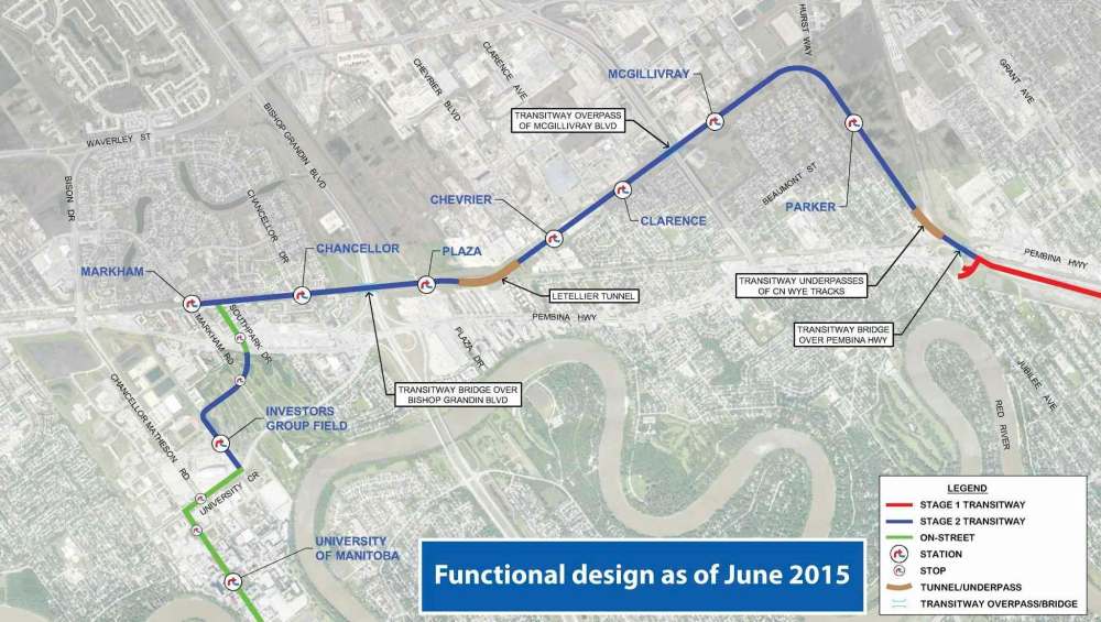 WINNIPEGTRANSIT.COM
The proposed route of stage 2 of the transitway corridor, as of June 2015.