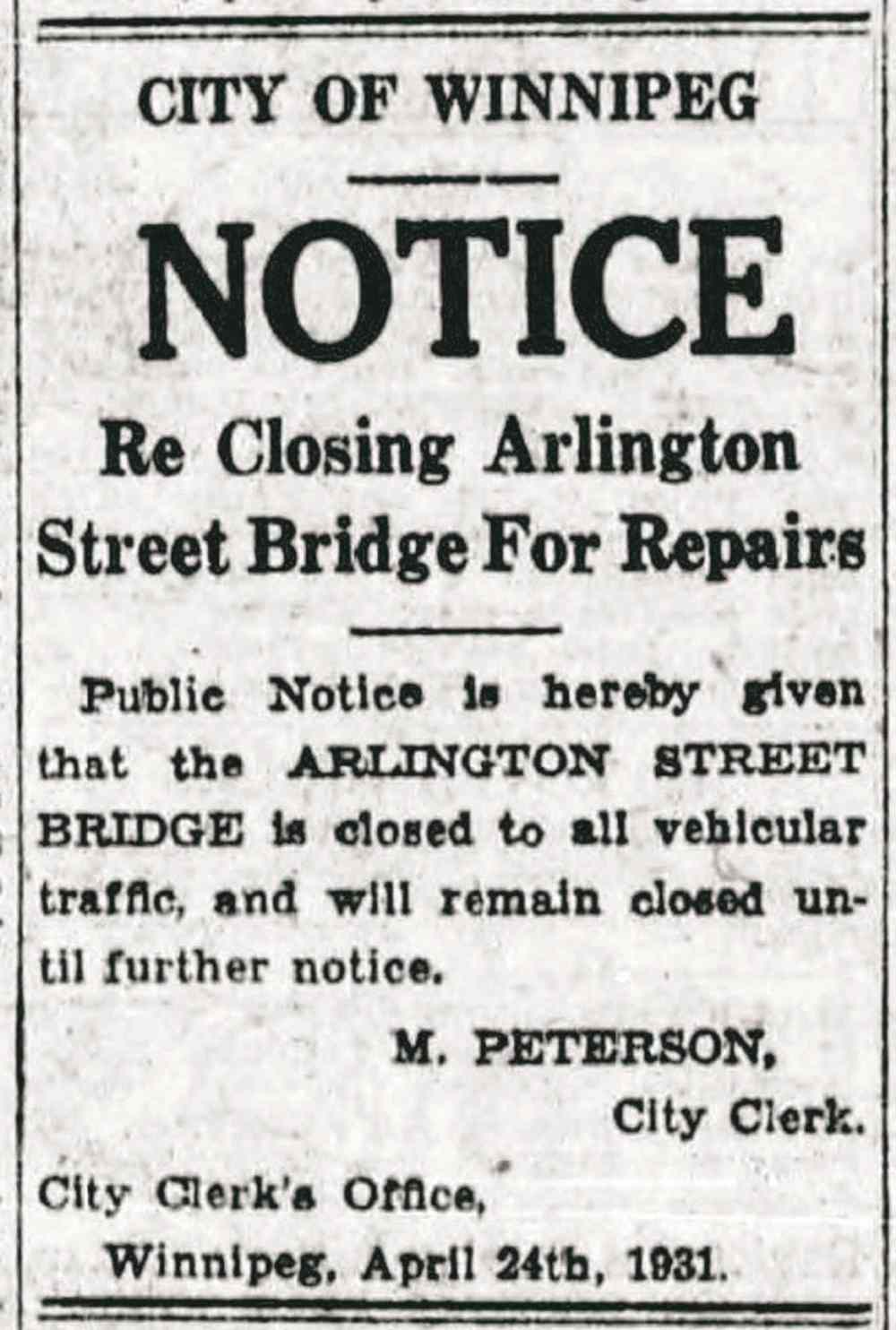 Closure notice for the Arlington Bridge,  April 24, 1931.