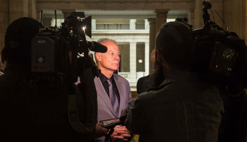 MIKE DEAL / WINNIPEG FREE PRESS
Jon Gerrard Liberal MLA for River Heights talks to the media after the first Question Period of the sitting.