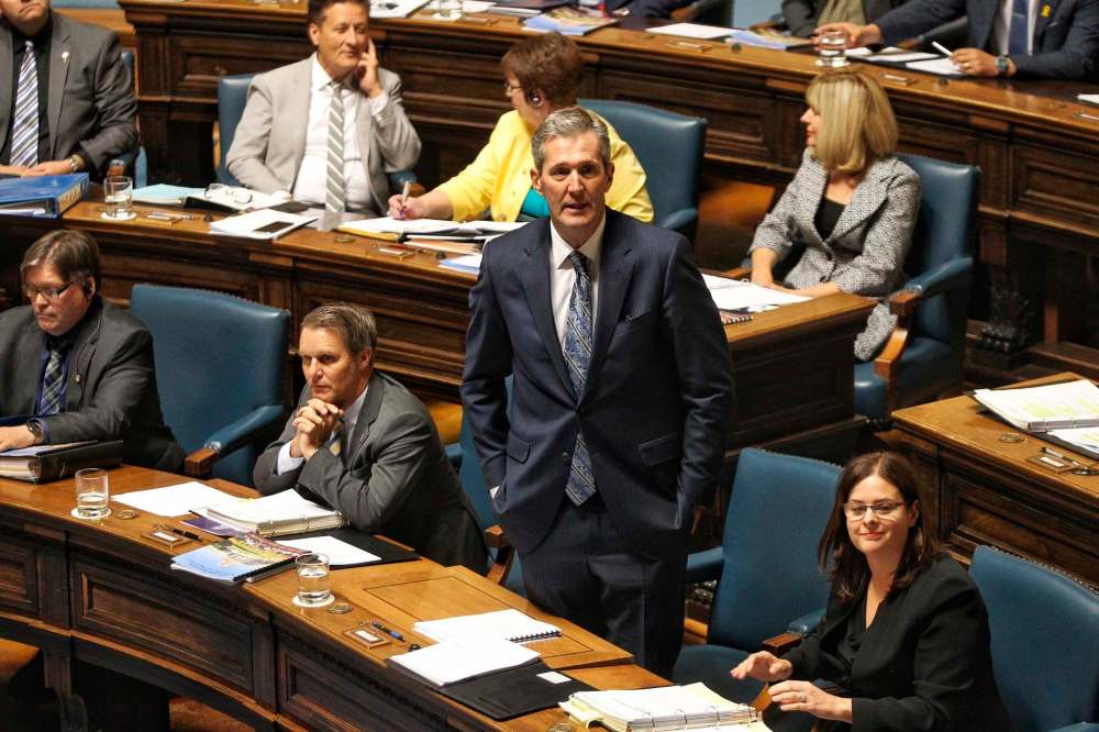 MIKE DEAL / WINNIPEG FREE PRESS
Premier Brian Pallister stands up to respond during the first question period of the 41st sitting of the Manitoba Legislature Tuesday.