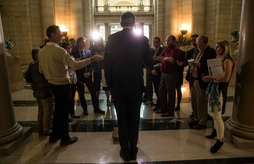 MIKE DEAL / WINNIPEG FREE PRESS
Premier Brian Pallister talks to the media after the first Question Period of the 41st sitting of the Legislature of the Province of Manitoba on Tuesday.