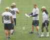 JOE BRYKSA / WINNIPEG FREE PRESS 
Bombers  head coach Mike O'Shea plots some strategy with kick returner Troy Stoudermire (right) during Thursday's practice at IGF.