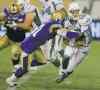 TREVOR HAGAN / WINNIPEG FREE PRESS 
Newly converted Bombers linebacker Maurice Leggett sacks Roughriders QB Brett Smith Saturday.