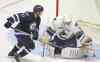 photos by Jeff Bassett / THE CANADIAN PRESS
Vancouver Canucks goalie Jackson Whistle makes the save on the Winnipeg Jets' Chase DeLeo during second-period action in Penticton, B.C., Sunday.