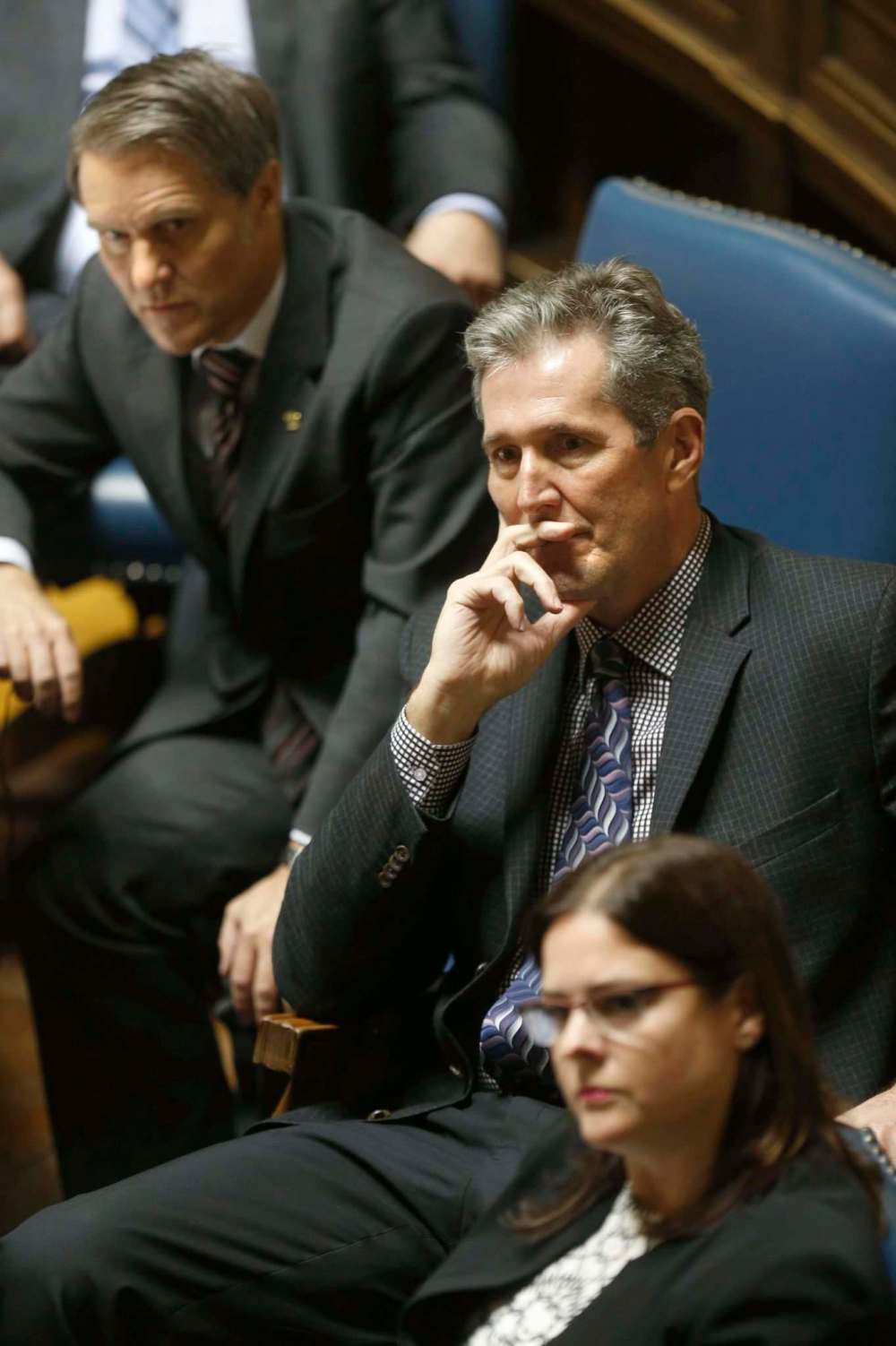 WAYNE GLOWACKI / WINNIPEG FREE PRESS
Premier Brian Pallister, centre, with Heather Stefanson, Minister of Justice and Attorney General and Cameron Friesen, Minister of Finance during question period Thursday in the Manitoba Legislature.