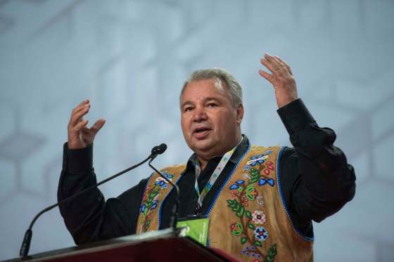 DAVID LIPNOWSKI / WINNIPEG FREE PRESSDavid Chartrand, president of the Manitoba Métis Federation, speaks during the opening of the 2016 Liberal Biennial Convention at RBC Convention Centre Thursday.