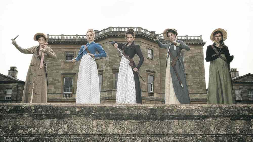 Screen Gems
ABOVE: Ellie Bamber (from left), Bella Heathcote, Lily James, Millie Brady and Suki Waterhouse prepare for prim and proper battle with the undead in Pride and Prejudice and Zombies.