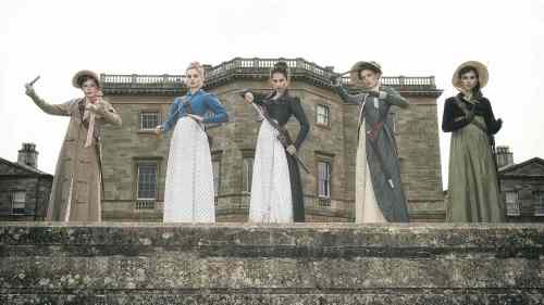 Screen GemsABOVE: Ellie Bamber (from left), Bella Heathcote, Lily James, Millie Brady and Suki Waterhouse  prepare for prim and proper battle with the undead  in Pride and  Prejudice and Zombies.