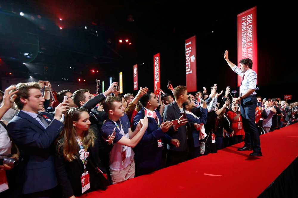 John Woods / The Canadian Press
Prime Minister Justin Trudeau greets delegates at the 2016 Liberal Biennial Convention in Winnipeg, Saturday, May 28, 2016.