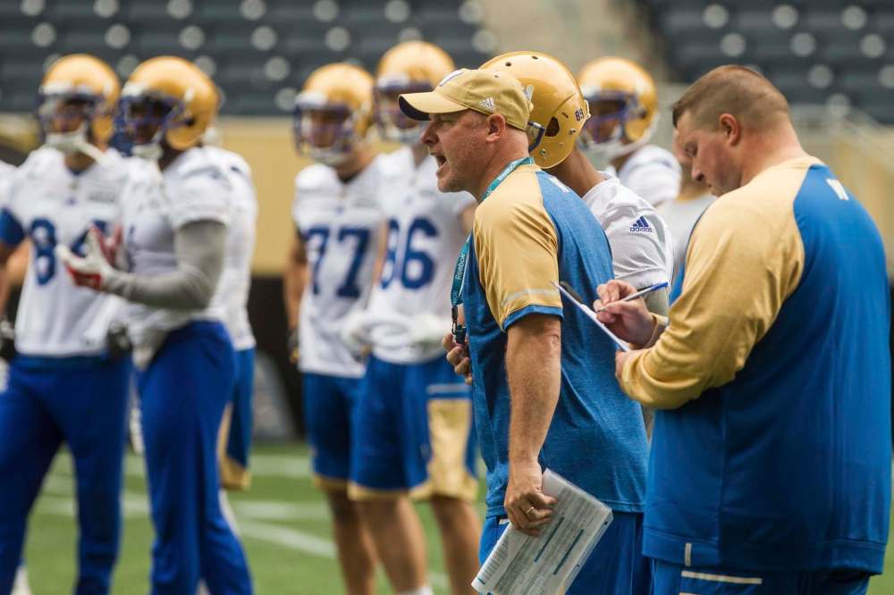 MIKE DEAL / WINNIPEG FREE PRESS
Winnipeg Blue Bombers' Paul LaPolice, Offensive Coordinator and Receivers Coach during the first day of training camp at Investors Group Field on Sunday.