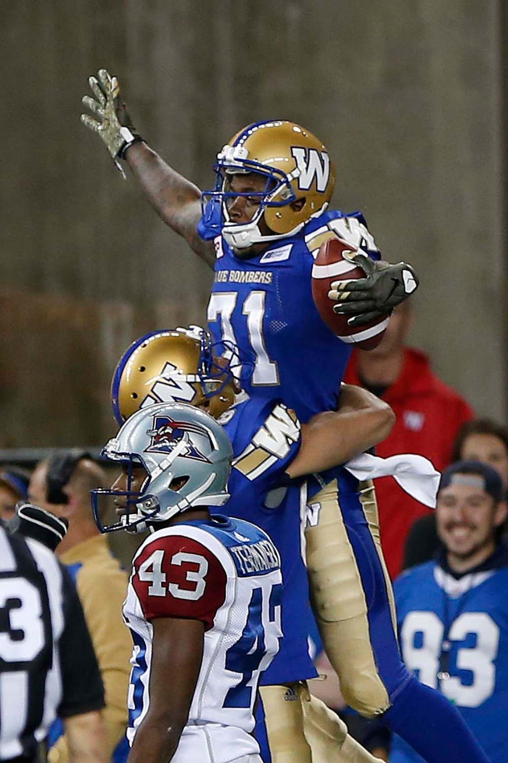 John Woods / The Canadian Press
Fred Williams celebrates his touchdown against the Montreal Alouettes during the Bombers' first pre-season game. His honeymoon is on hold until he learns if he makes the team.