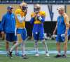 BORIS MINKEVICH / WINNIPEG FREE PRESS
From left, quarterbacks coach Buck Pierce, Dominique Davis, Bryan Bennett and offensive co-ordinator Paul LaPolice.