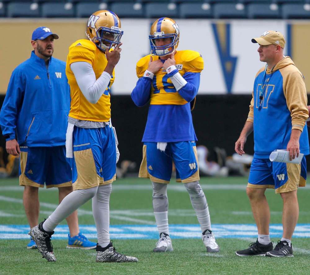BORIS MINKEVICH / WINNIPEG FREE PRESS
From left, quarterbacks coach Buck Pierce, Dominique Davis, Bryan Bennett and offensive co-ordinator Paul LaPolice.