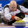 Canada's skip Kevin Koe competes during a round robin match between Denmark and Canada at the men's curling World Championships 2016 in Basel, Switzerland, on Sunday, April 3, 2016. ( Georgios Kefalas/Keystone via AP)