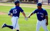 Toronto Blue Jays' Randal Grichuk (15) is greeted by third base coach Luis Rivera after hitting a three-run home run in the third inning of a spring training baseball game against the Philadelphia Phillies, Thursday, Feb. 28, 2019, in Dunedin, Fla. (AP Photo/Lynne Sladky)