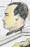 Tom Andrich / Winnipeg Free Press
An artist's drawing of Vince Li inside the courtroom in Winnipeg.