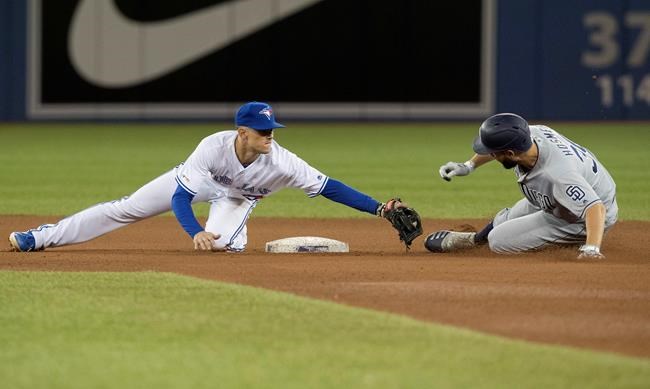 San Diego Padres Eric Hosmer is out at second base trying to stretch a single into a double as Toronto Blue Jays second baseman Cavan Biggio makes the tag in the fourth inning of their interleague MLB baseball game in Toronto, Sunday, May 26, 2019. THE CANADIAN PRESS/Fred Thornhill