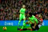 FC Barcelona's Luis Suarez, left, duel for the ball with Athletic Bilbao's Inigo Martinez, during the Spanish La Liga soccer match between Athletic Bilbao and FC Barcelona at San Mames stadium, in Bilbao, northern Spain, Sunday, Feb. 10, 2019. Fc Barcelona tied the match 0-0. (AP Photo/Alvaro Barrientos)