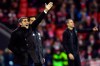 FC Barcelona's head manager Ernesto Valverder, left, and Athletic Bilbao's head manager Gaizka Garitano, give instructions during the Spanish La Liga soccer match between Athletic Bilbao and FC Barcelona at San Mames stadium, in Bilbao, northern Spain, Sunday, Feb. 10, 2019. FC Barcelona tied he match 0-0.(AP Photo/Alvaro Barrientos)