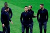 Juventus players Moise Kean, left, Paulo Dybala, second left, Cristiano Ronaldo, center, Martin Caceres and Rodrigo Bentancur, right, walk onto the pitch after their arrival at Wanda Metropolitano stadium in Madrid, Spain, Tuesday, Feb. 19, 2019. Juventus will play against Atletico Madrid in a first leg, round of sixteen, Champions League soccer match. (AP Photo/Andrea Comas)