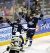 Mark Moran / The Citizens' Voice
Victory: St John's IceCaps will remain in Mile One Centre for another two years. Above, Jason Jaffray, right, celebrates his goal with Andrew Gordon in the first period against the Wilkes-Barre/Scranton Penguins in game three of the AHL Eastern Conference finals in May.