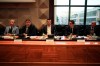 Italian Interior Minister and deputy Premier Matteo Salvini, center, flanked by Government undersecretary Giancarlo Giorgetti, second from left, and Italian Chief of Police Franco Gabrielli, right, attend a meeting on violence during soccer matches, in Rome, Monday, Jan. 7, 2019. The meeting was scheduled following the death of a Inter Milan fan during clashes with Napoli supporters outside San Siro Stadium ahead of a Serie A game on Wednesday, Dec. 26, 2018. (AP Photo/Andrew Medichini)