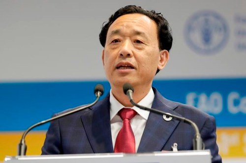 Qu Dongyu from China, one of the candidates for the Director-General position of the FAO (UN Food and Agriculture Organization), addresses a plenary meeting of the 41st Session of the Conference, at the FAO headquarters in Rome, Saturday, June 22, 2019. The new FAO Director-General will be voted on Sunday. (AP Photo/Andrew Medichini)