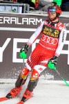 Austria's Marcel Hirscher reacts after crossing the finish line of an Alpine Skiing World Cup men's slalom, in Kranjska Gora, Slovenia, Sunday, March. 10, 2019. (AP Photo/Marco Trovati)