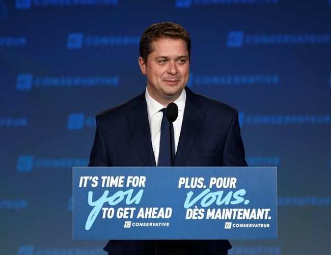Conservative leader Andrew Scheer appears on stage at Conservative election headquarters in Regina on Monday, Oct.21, 2019. THE CANADIAN PRESS/Jeff McIntosh
