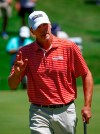 Steve Stricker reacts after making a birdie putt on the ninth green during the final round of the Regions Tradition Champions Tour golf tournament, Monday, May 13, 2019, in Birmingham, Ala. (AP Photo/Butch Dill)