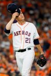 Houston Astros starting pitcher Zack Greinke wipes his face after giving up a run against the New York Yankees during the fourth inning in Game 1 of baseball's American League Championship Series Saturday, Oct. 12, 2019, in Houston. (AP Photo/Matt Slocum)