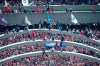 Fans climb the arches at Nathan Phillips Square ahead of the 2019 Toronto Raptors Championship parade in Toronto, on Monday, June 17, 2019. THE CANADIAN PRESS/Andrew Lahodynskyj