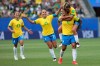 Brazil's Cristiane, second from right, celebrates with teammates after scoring her side's third goal during the Women's World Cup Group C soccer match between Brazil and Jamaica in Grenoble, France, Sunday, June 9, 2019. (AP Photo/Laurent Cipriani)