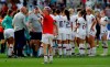 United States'Megan Rapinoe, front, celebrates at the end of the Women's World Cup round of 16 soccer match between Spain and US at the Stade Auguste-Delaune in Reims, France, Monday, June 24, 2019. US beat Spain 2-1. (AP Photo/Alessandra Tarantino)