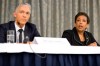 FILE - This is a Monday, Sept. 14, 2015 file photo of Switzerland's Attorney General Michael Lauber, left and US Attorney General and Loretta Lynch, attend a news conference on soccer related criminal proceedings, in Zurich, Switzerland. Switzerland‚Äôs attorney general is the subject of a disciplinary case over his handling of a four-year investigation of FIFA that involves 25 criminal proceedings of alleged financial wrongdoing. The federal office overseeing the work of chief prosecutor Michael Lauber says it is examining possible violations of his duties in the FIFA investigation. (Anthony Anex/Keystone, File via AP, File)