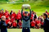 Austrian Bernd Wiesberger lifts the trophy after winning the Made In Denmark 2019 golf tournament, in Gatten, Denmark Sunday May 26 2019. (René Schutze/Ritzau Scanpix via AP)