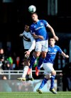 Fulham's Aleksandar Mitrovic, left and Everton's Phil Jagielka battle for the ball, during the English Premier League soccer match between Fulham and Everton at Craven Cottage, in London, Saturday April 13, 2019. (Yui Mok/PA via AP)