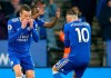 Leicester City's Jamie Vardy, left, celebrates scoring his side's second goal of the game with teammate James Maddison, during the English Premier League soccer match between Leicester and Brighton, at the King Power Stadium, in Leicester, England, Tuesday, Feb. 26, 2019. (Nigel French/PA via AP)