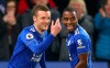 Leicester City's Jamie Vardy, left, celebrates scoring his side's second goal of the game with teammate Domingos Ricardo Pereira, during the English Premier League soccer match between Leicester and Brighton, at the King Power Stadium, in Leicester, England, Tuesday, Feb. 26, 2019. (Nigel French/PA via AP)