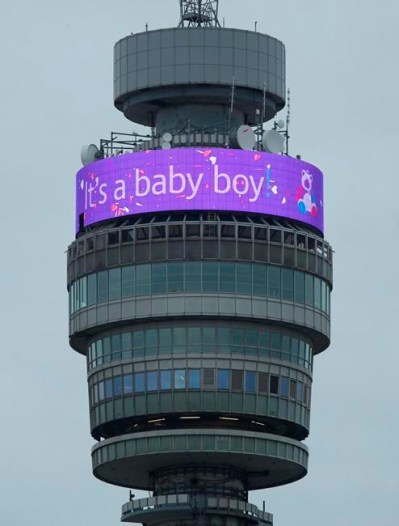 The BT Tower displays a message in celebration of the birth of Prince Harry, and Meghan, the Duchess of Sussex's new baby boy, in London, Monday May 6, 2019. (Yui Mok/PA via AP)