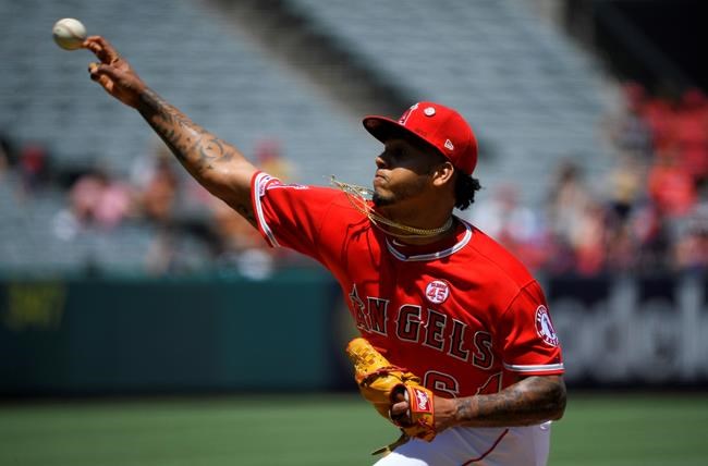Los Angeles Angels starting pitcher Felix Pena throws to the plate during the first inning of a baseball game against the Baltimore Orioles, Sunday, July 28, 2019, in Anaheim, Calif. (AP Photo/Mark J. Terrill)