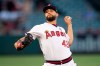 Los Angeles Angels starting pitcher Patrick Sandoval throws during the first inning of the team's baseball game against the Chicago White Sox in Anaheim, Calif., Friday, Aug. 16, 2019. (AP Photo/Kyusung Gong)