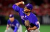 Texas Rangers starting pitcher Edinson Volquez throws during the first inning of the team's baseball game against the Los Angeles Angels on Thursday, April 4, 2019, in Anaheim, Calif. (AP Photo/Mark J. Terrill)