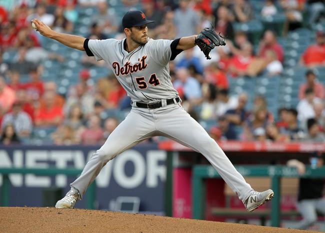 Detroit Tigers starting pitcher Drew VerHagen throws to a Los Angeles Angels batter during the first inning of a baseball game in Anaheim, Calif., Tuesday, July 30, 2019. (AP Photo/Alex Gallardo)