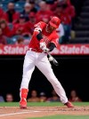 Los Angeles Angels' Shohei Ohtani, of Japan, pops out during the first inning of the team's baseball game against the Oakland Athletics on Thursday, June 6, 2019, in Anaheim, Calif. (AP Photo/Mark J. Terrill)