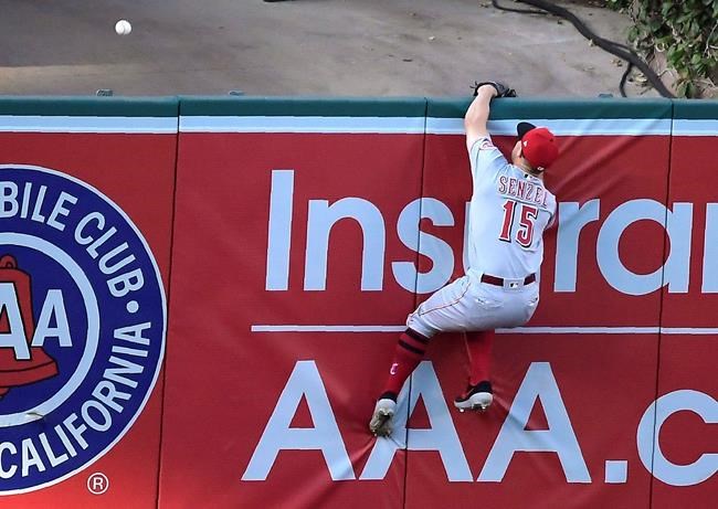 Cincinnati Reds third baseman Nick Senzel can't reach a ball hit for a solo home run by Los Angeles Angels' Justin Bour during the fifth inning of a baseball game Wednesday, June 26, 2019, in Anaheim, Calif. (AP Photo/Mark J. Terrill)