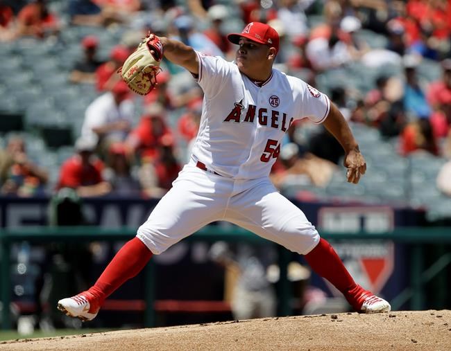 Los Angeles Angels starting pitcher Jose Suarez throws to a Detroit Tigers batter during the first inning of a baseball game in Anaheim, Calif., Wednesday, July 31, 2019. (AP Photo/Alex Gallardo)